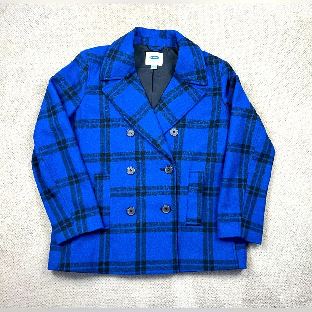 Old Navy Women’s Large Blue Black Plaid Double Breasted Mid Length Wool Peacoat - Picture 2 of 10